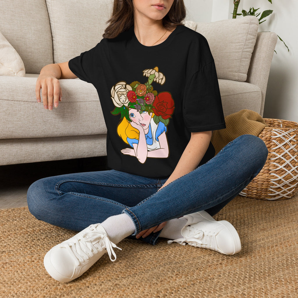Floral Crown Graphic T-Shirt — Whimsical Woman with Roses