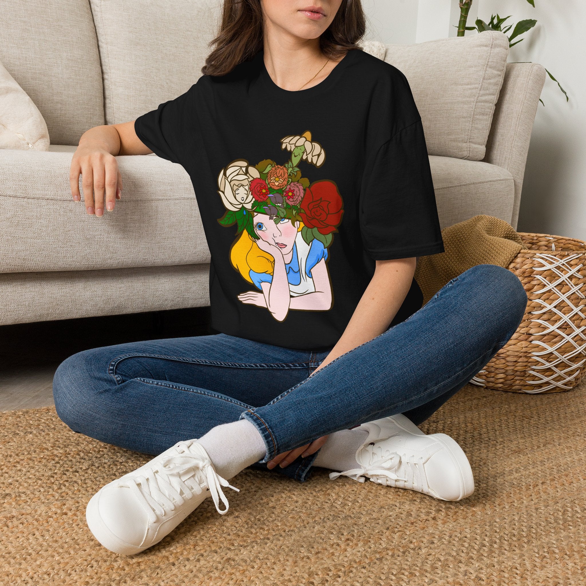 Floral Crown Graphic T-Shirt — Whimsical Woman with Roses