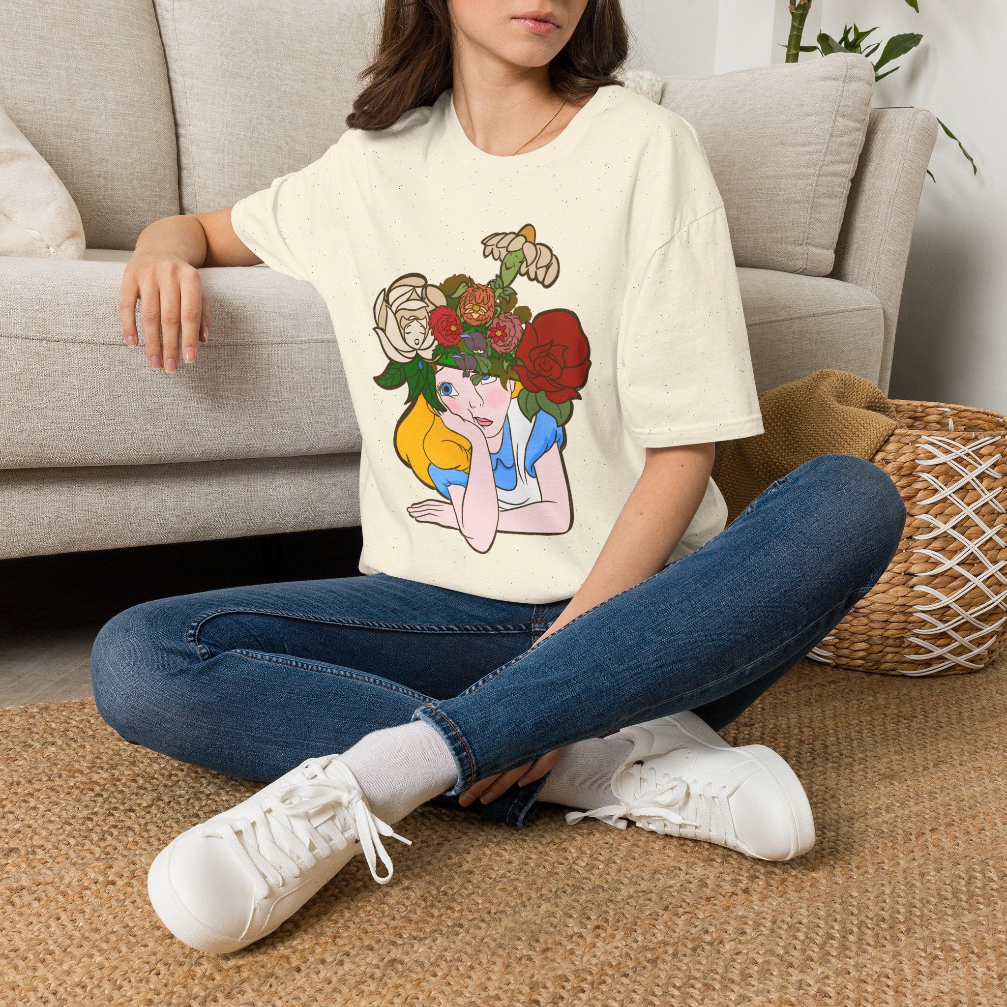 Floral Crown Graphic T-Shirt — Whimsical Woman with Roses