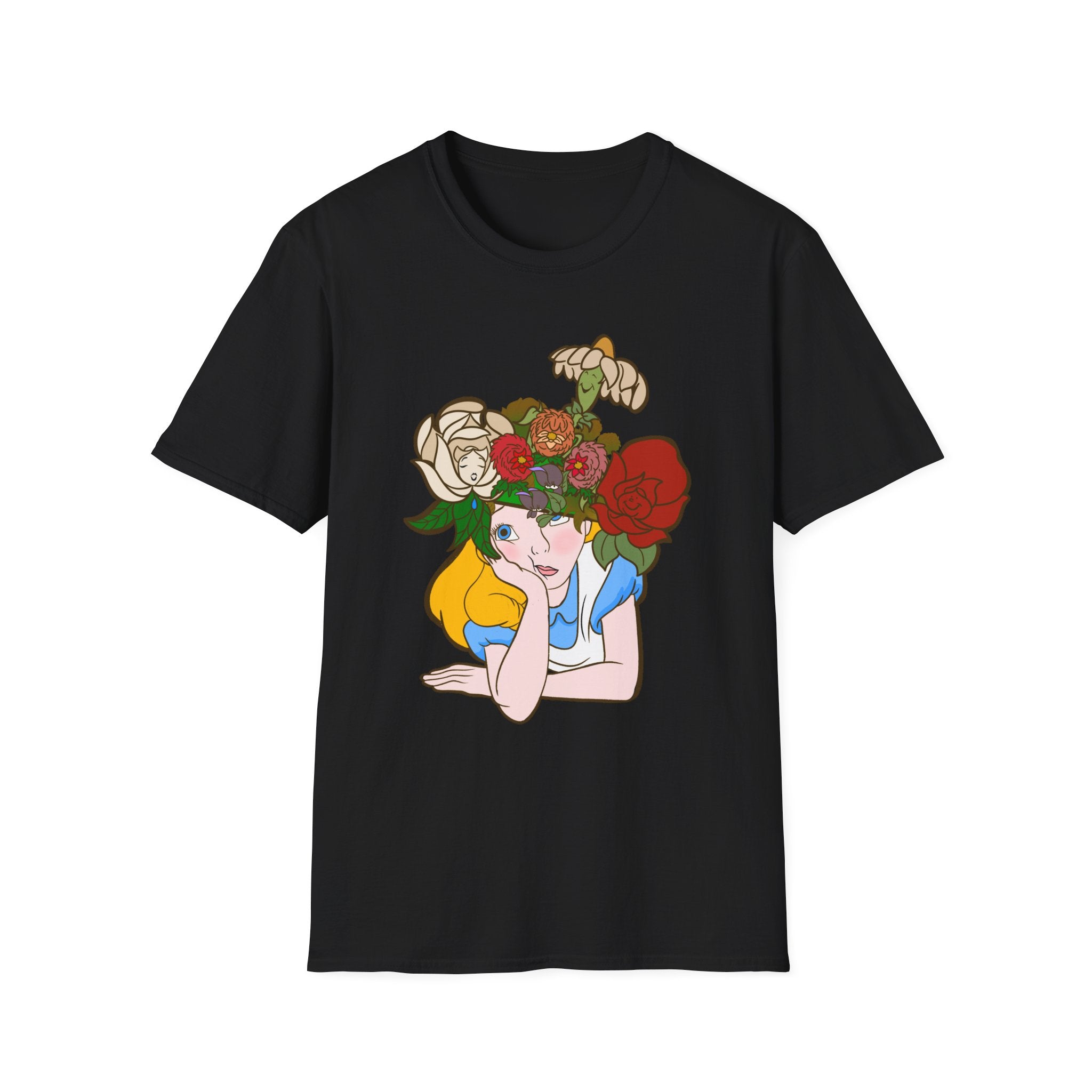Floral Crown Graphic T-Shirt — Whimsical Woman with Roses