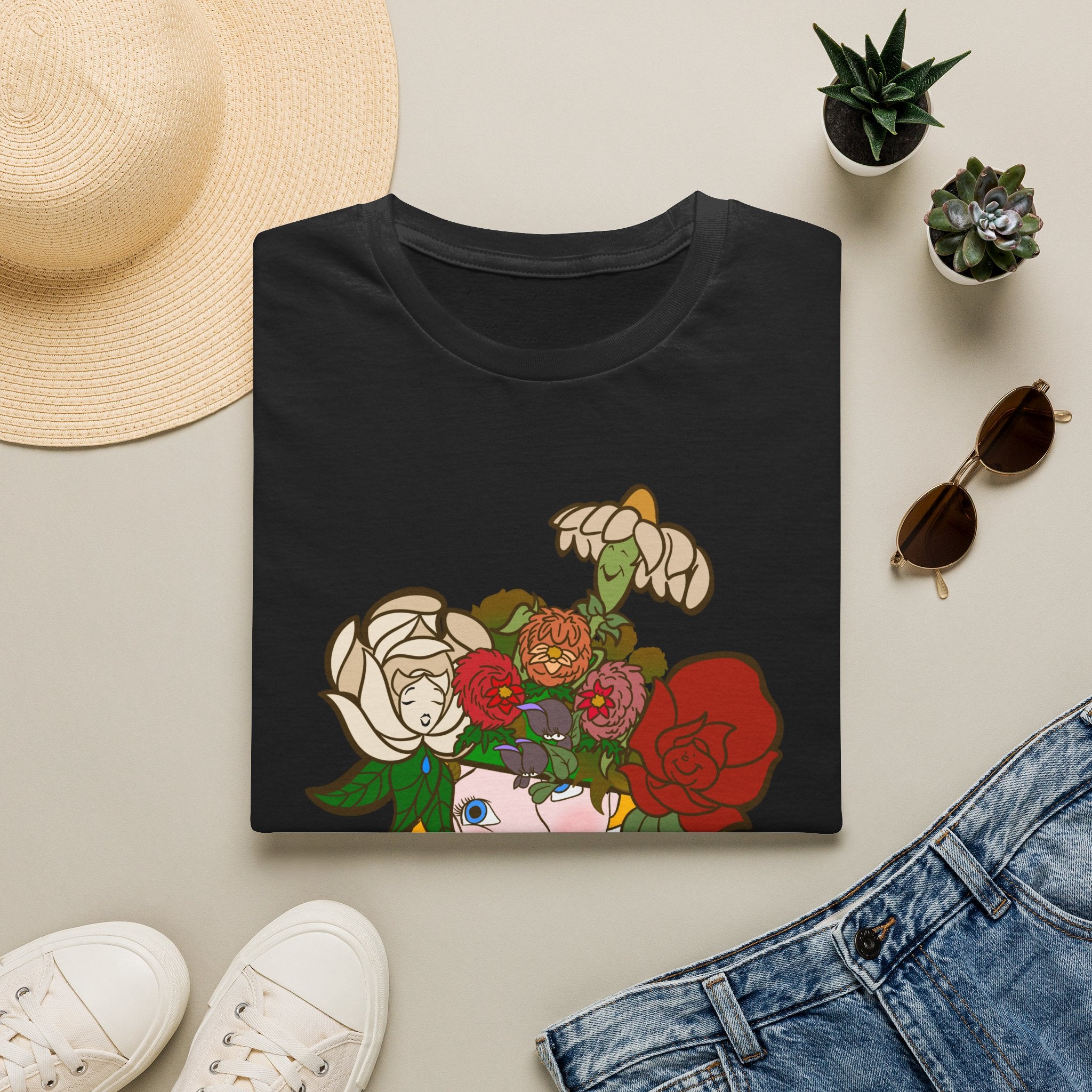 Floral Crown Graphic T-Shirt — Whimsical Woman with Roses