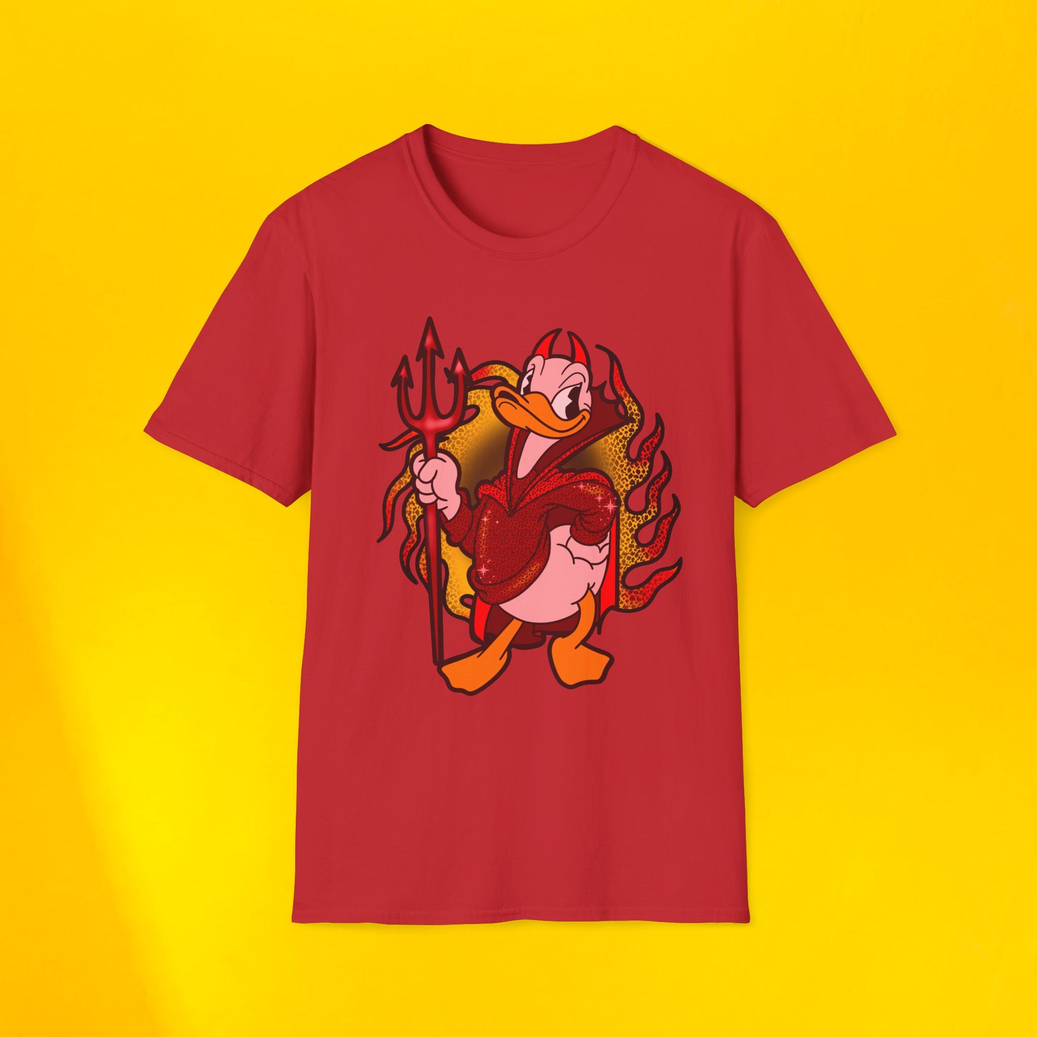 Devil Duck Graphic T-Shirt — Retro Cartoon Devil with Pitchfork