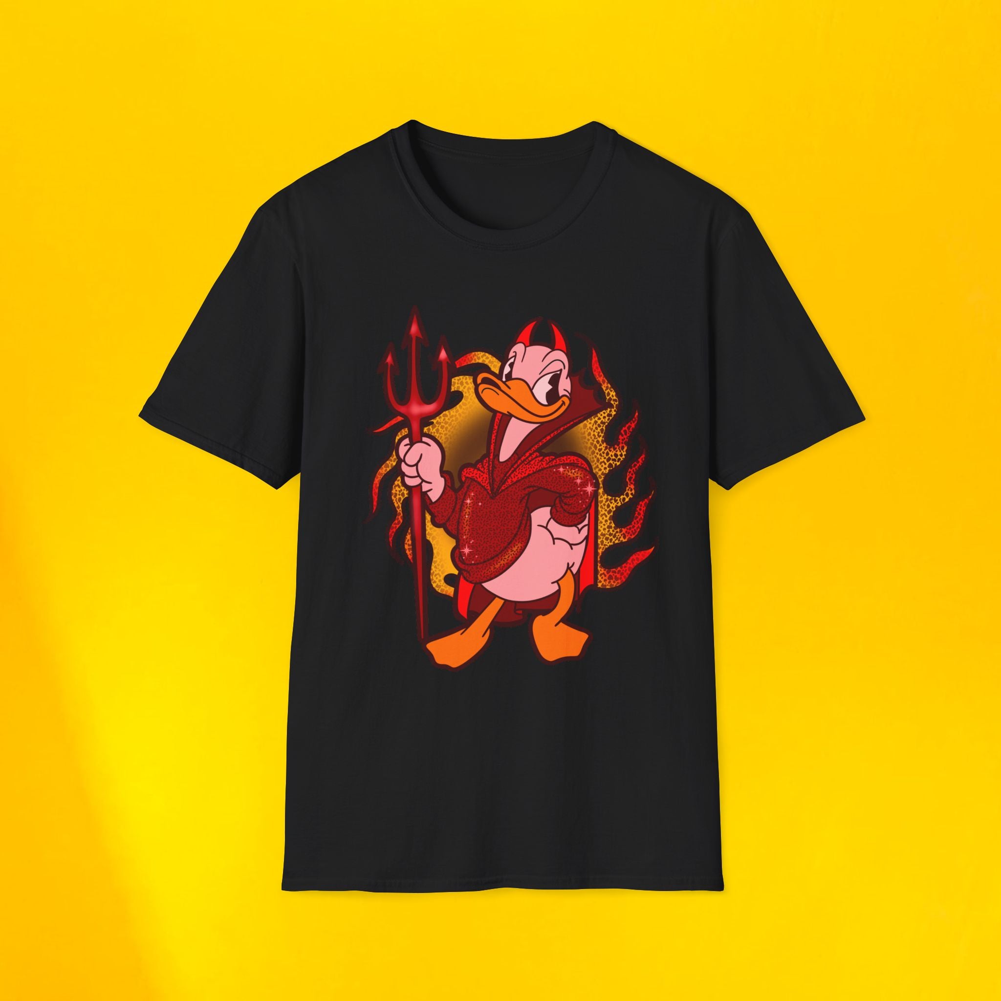 Devil Duck Graphic T-Shirt — Retro Cartoon Devil with Pitchfork