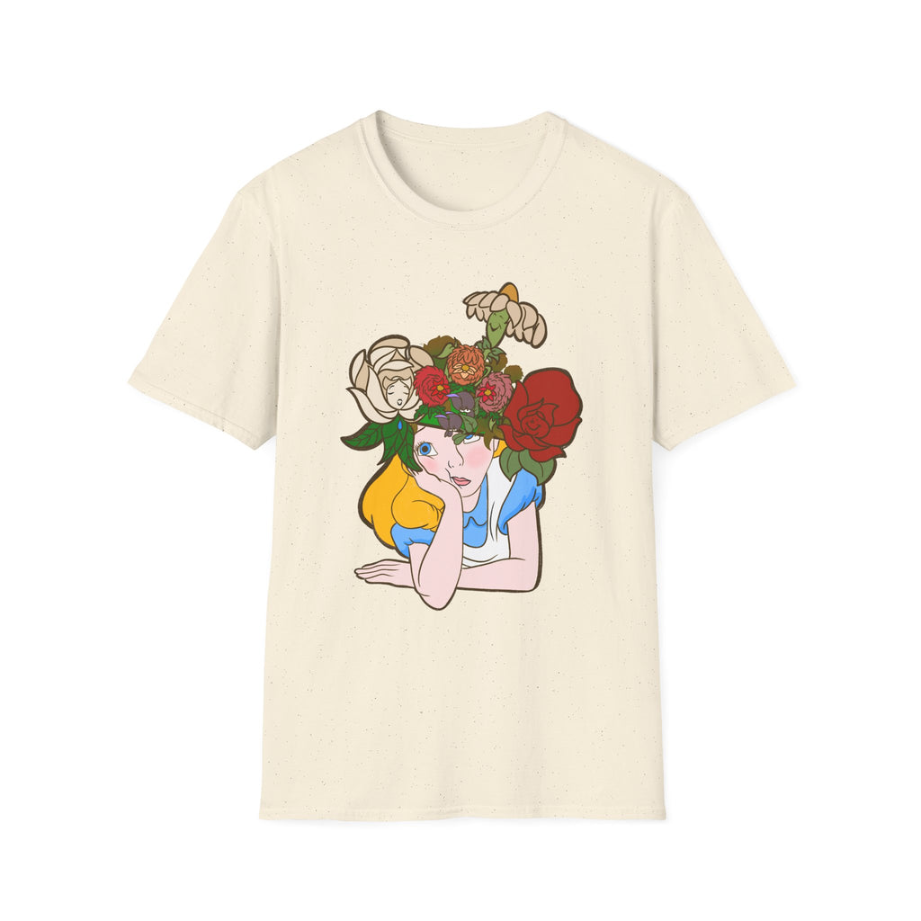 Floral Crown Graphic T-Shirt — Whimsical Woman with Roses