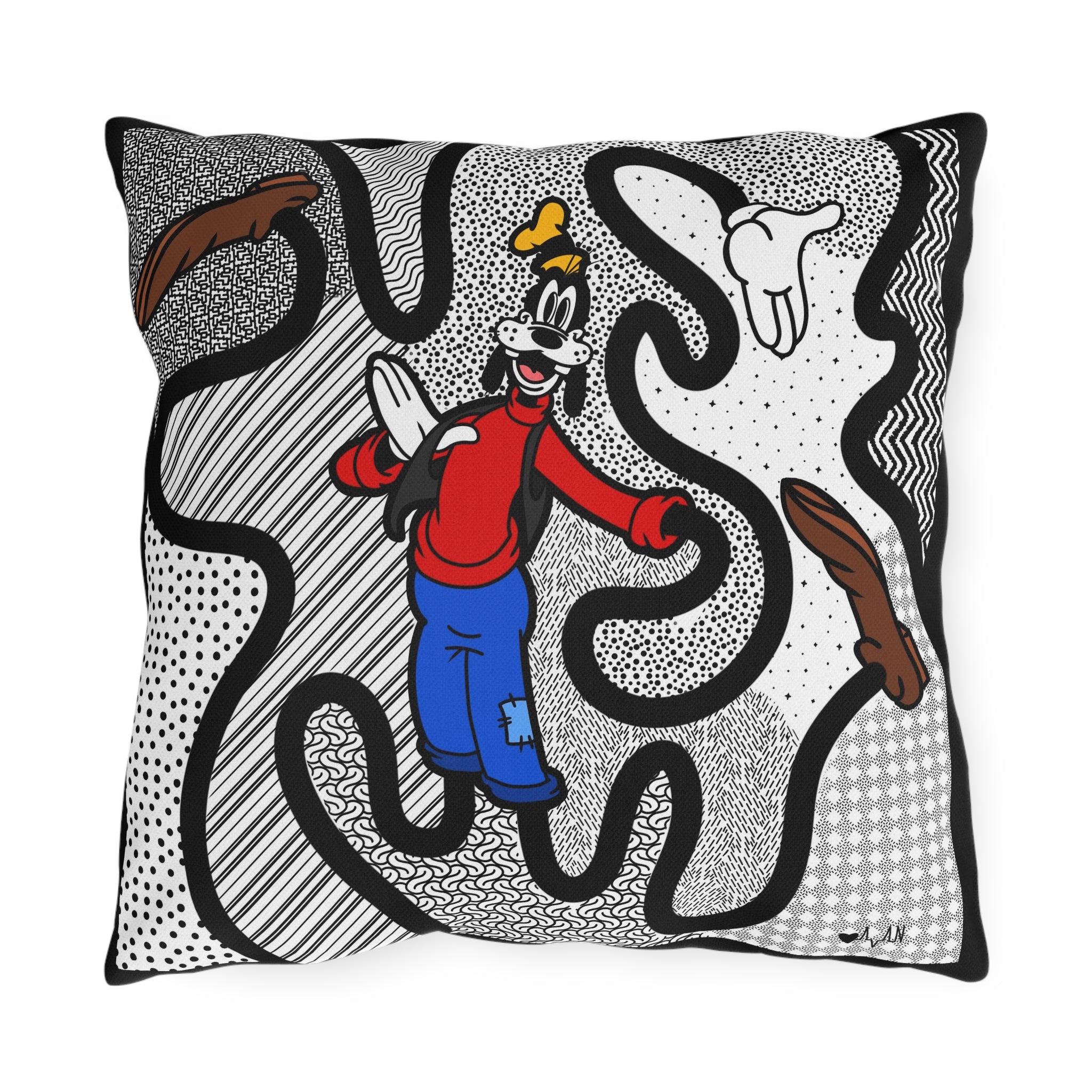 Character Outdoor Pillow — Whimsical Black & White Patio Cushion