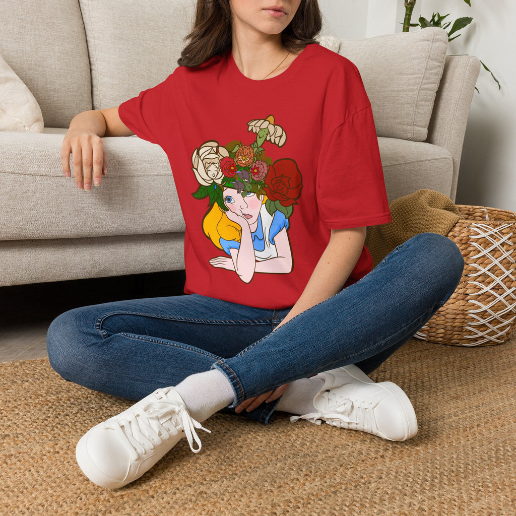 Floral Crown Graphic T-Shirt — Whimsical Woman with Roses