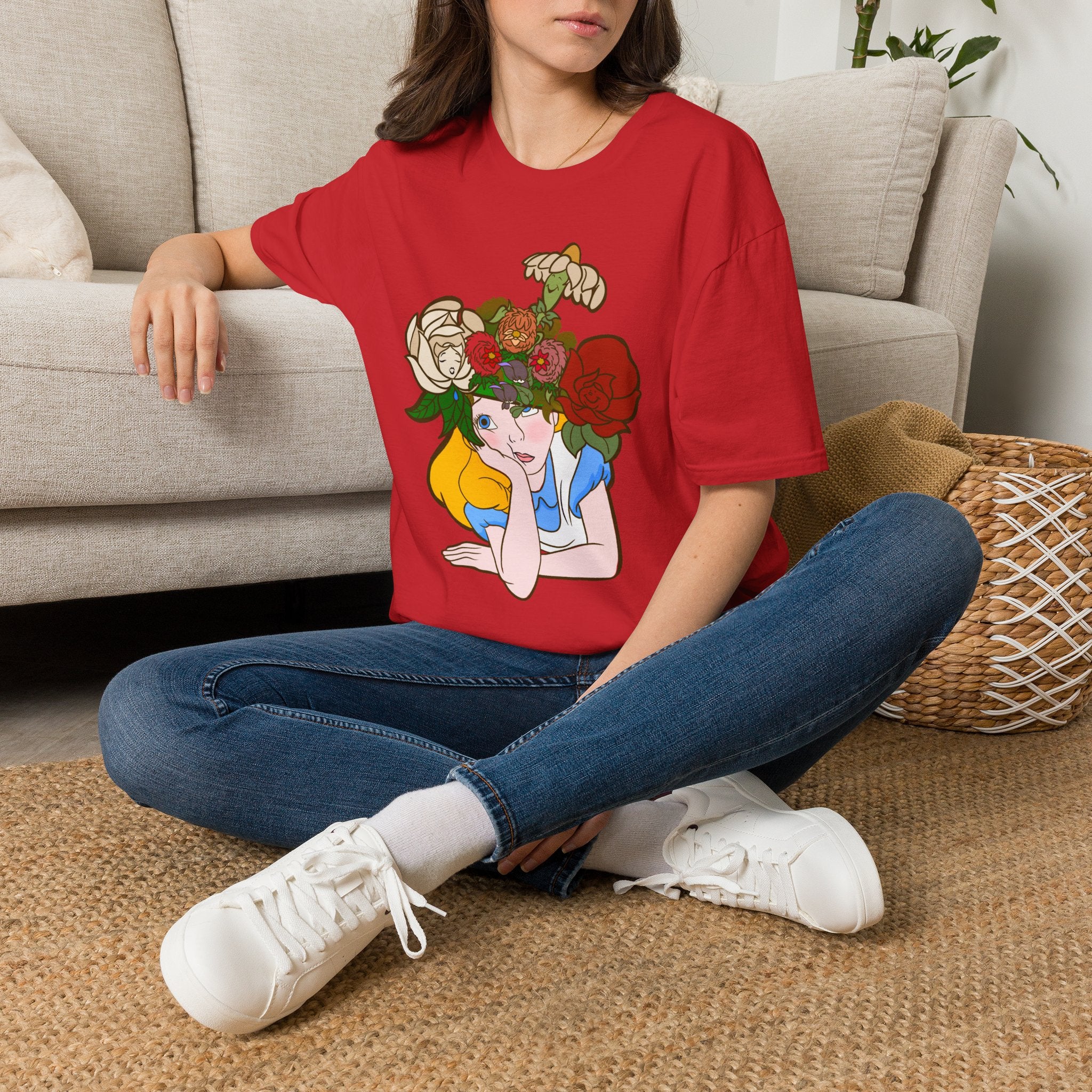 Floral Crown Graphic T-Shirt — Whimsical Woman with Roses