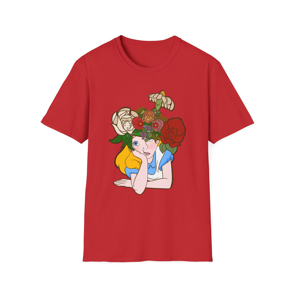 Floral Crown Graphic T-Shirt — Whimsical Woman with Roses