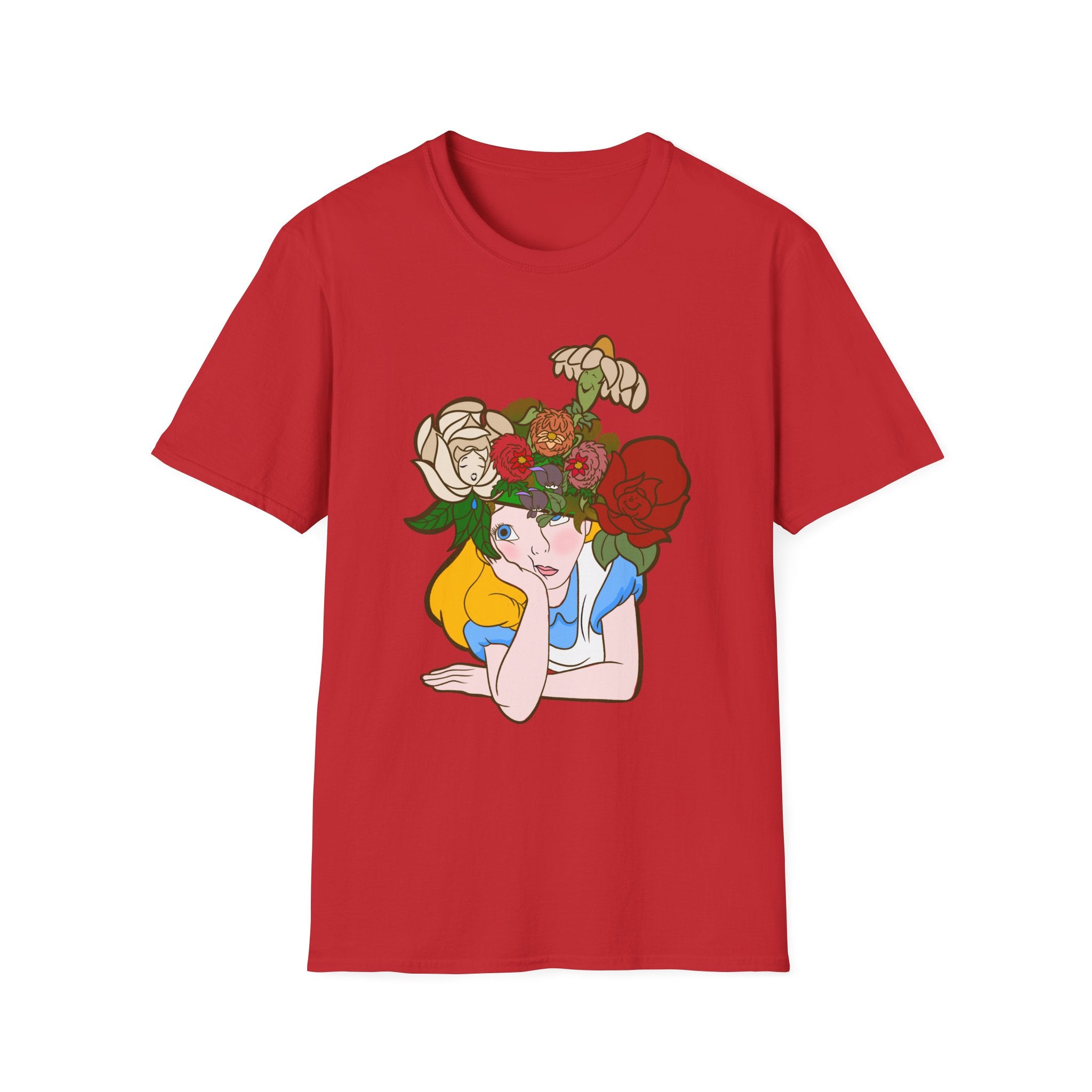 Floral Crown Graphic T-Shirt — Whimsical Woman with Roses