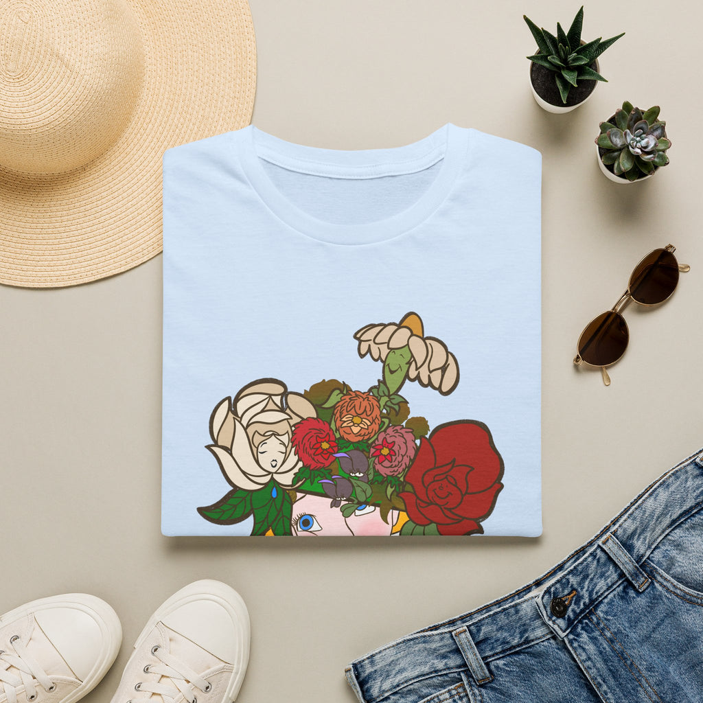 Floral Crown Graphic T-Shirt — Whimsical Woman with Roses