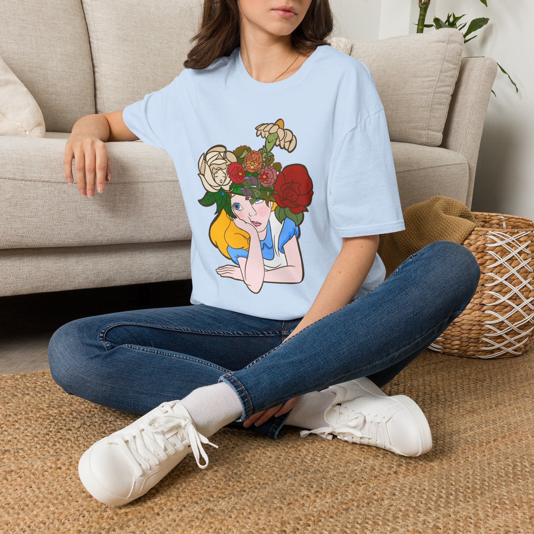 Floral Crown Graphic T-Shirt — Whimsical Woman with Roses