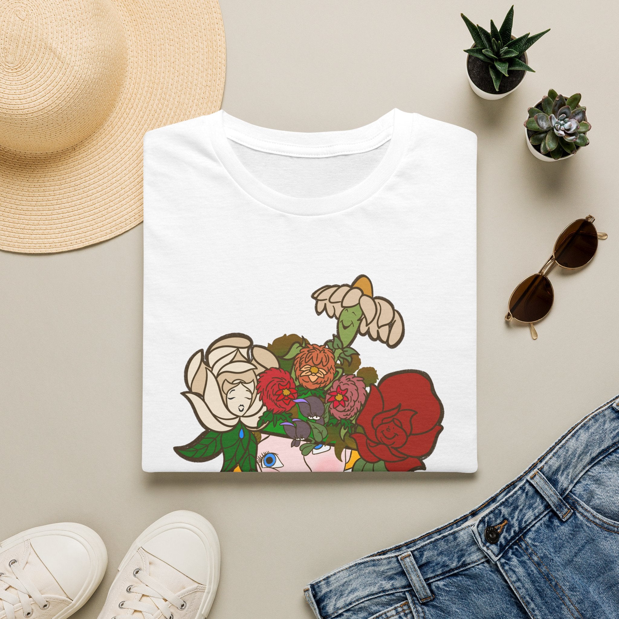 Floral Crown Graphic T-Shirt — Whimsical Woman with Roses
