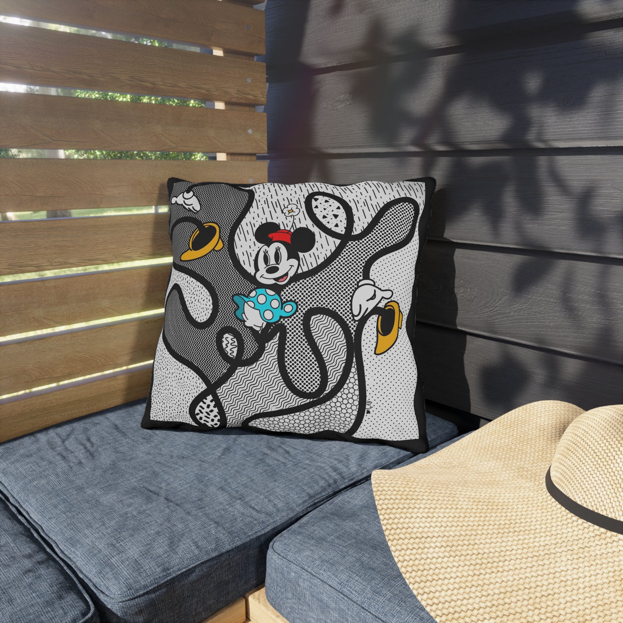 Pop Art Outdoor Pillow — Retro Black & White Cartoon Patio Cushion