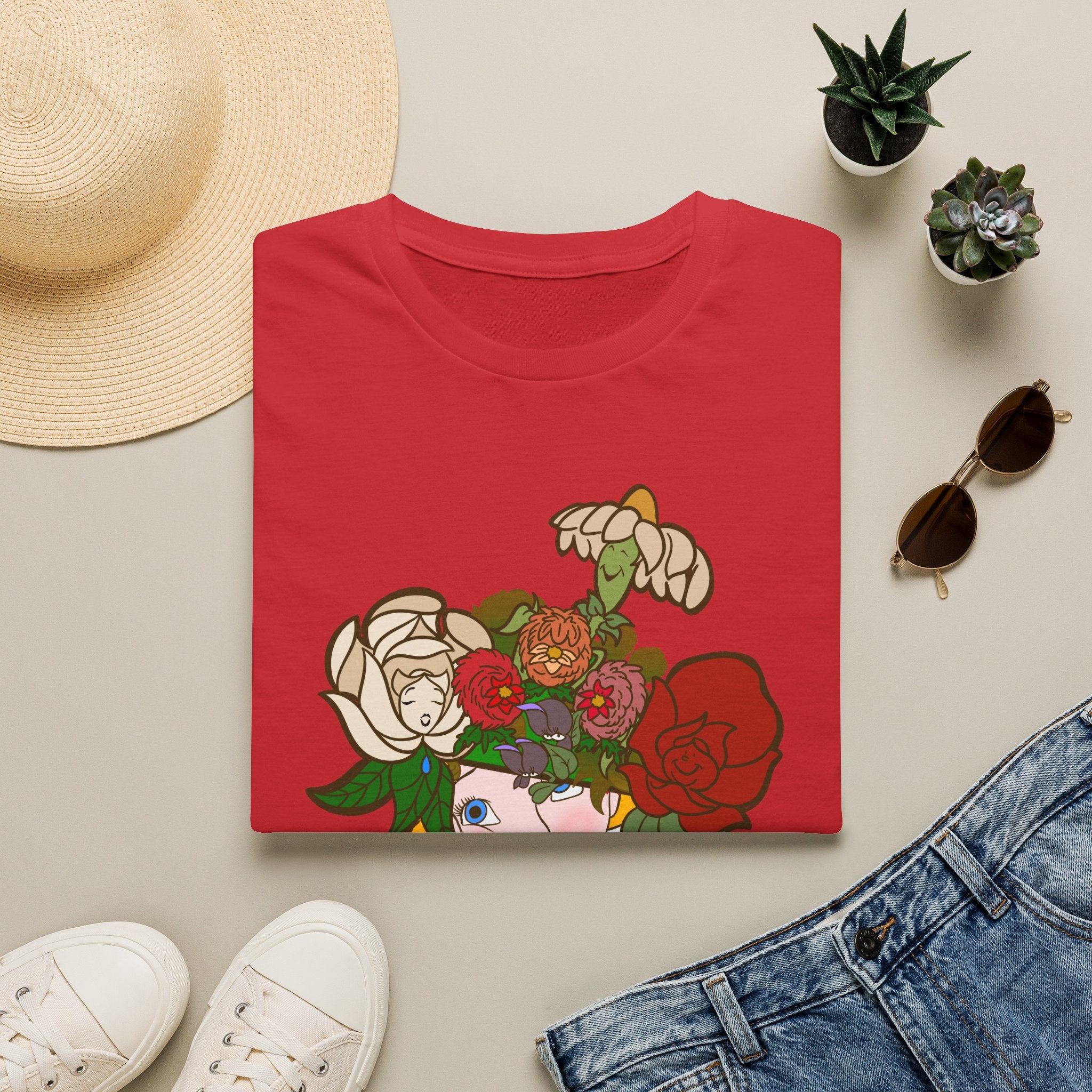 Floral Crown Graphic T-Shirt — Whimsical Woman with Roses