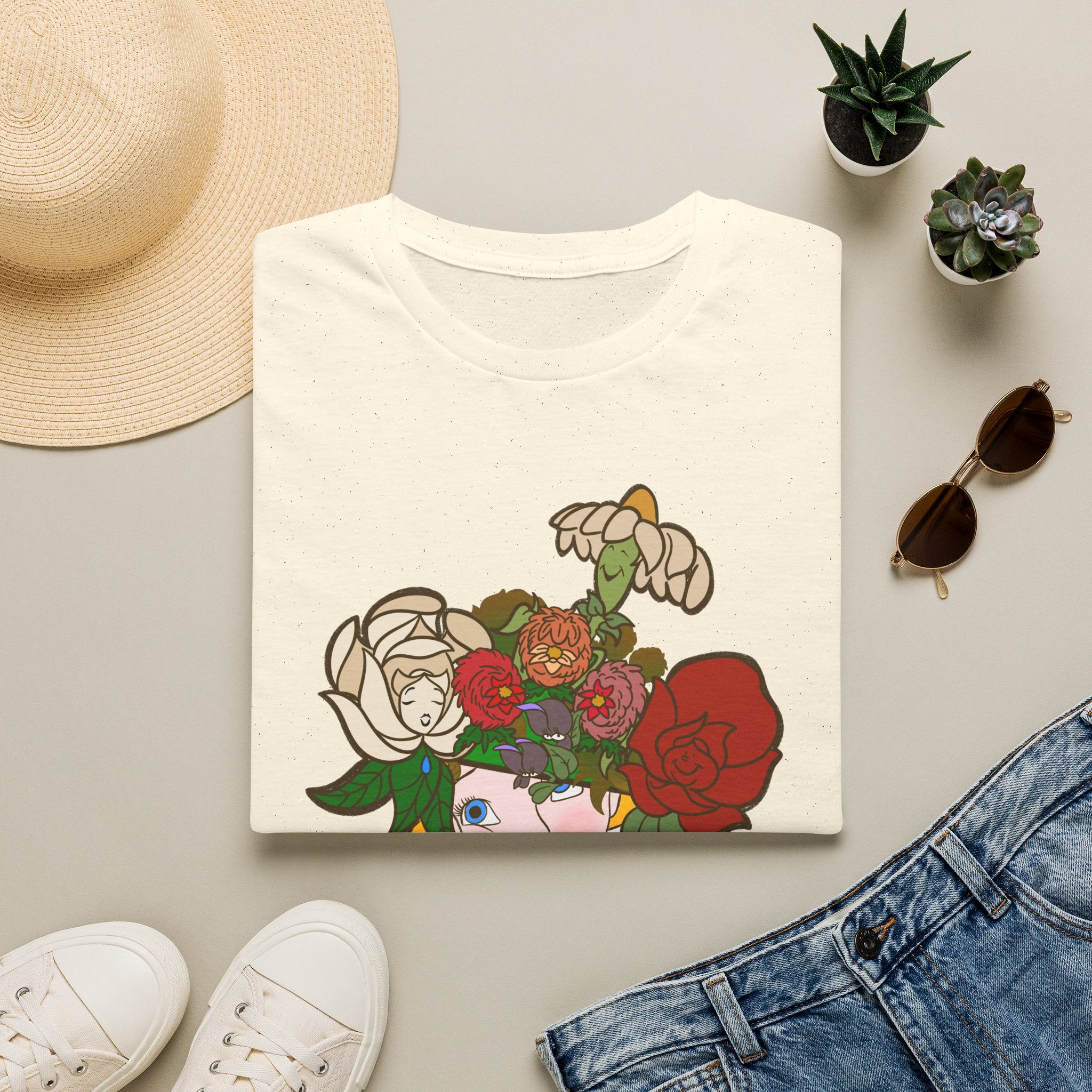 Floral Crown Graphic T-Shirt — Whimsical Woman with Roses