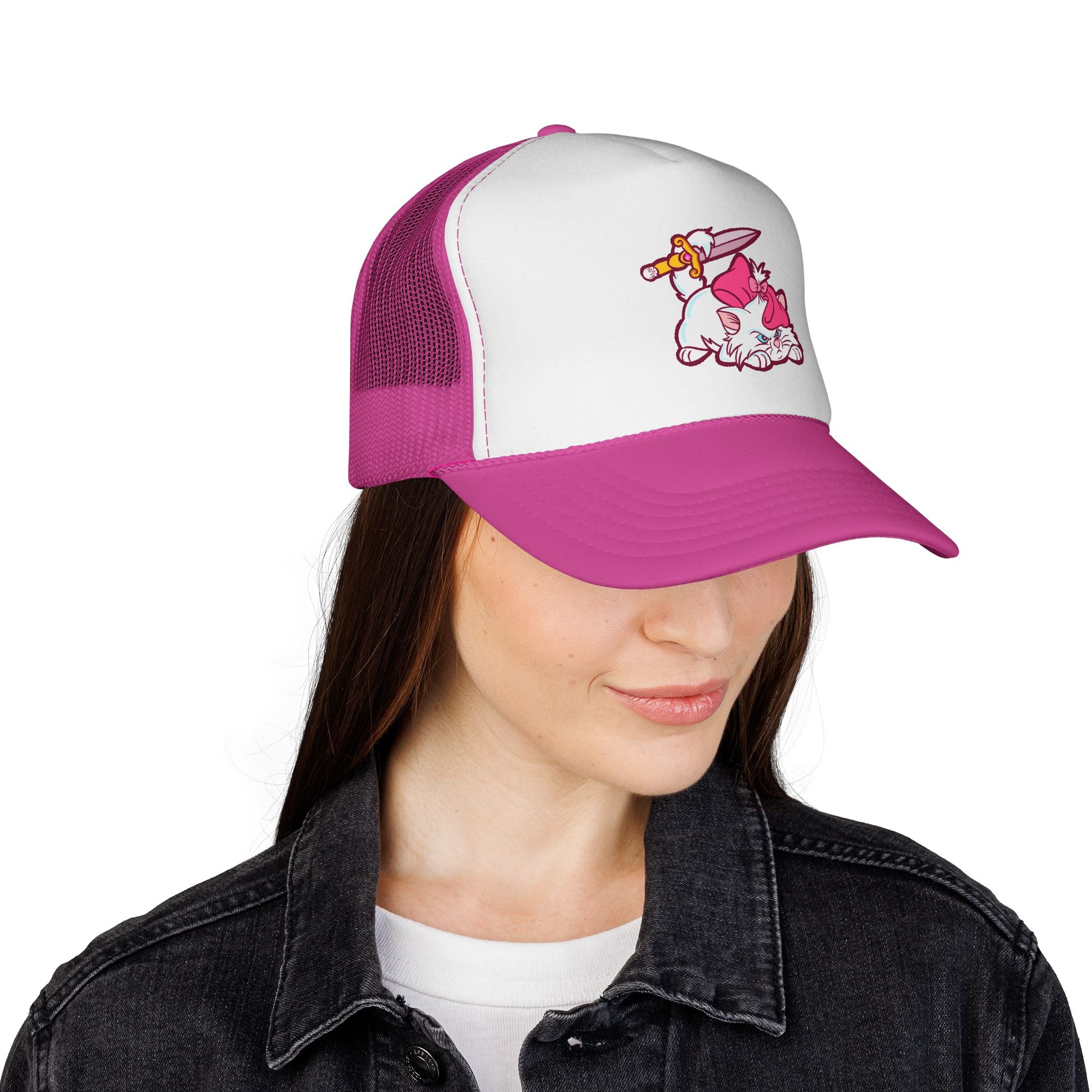 Pink Kitty Trucker Cap — Cute Cat with Bow Embroidered Trucker Hat
