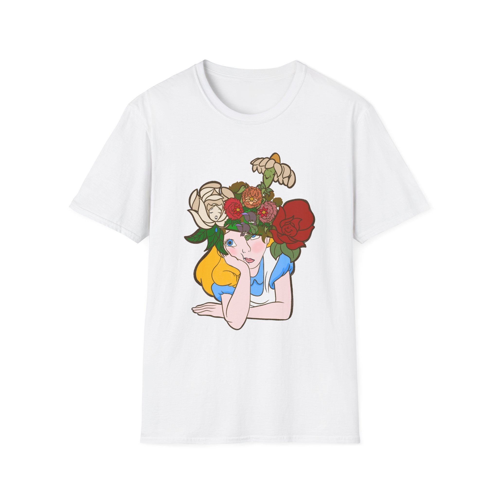 Floral Crown Graphic T-Shirt — Whimsical Woman with Roses
