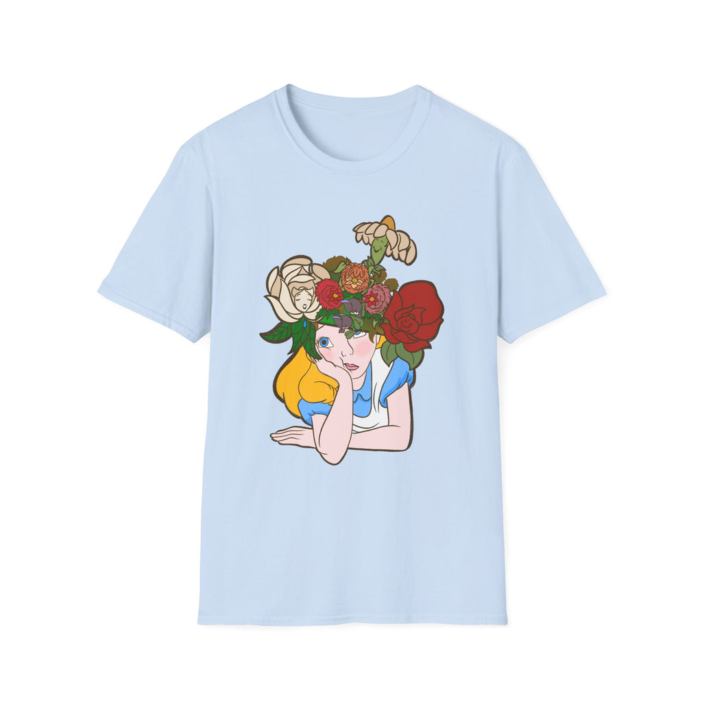 Floral Crown Graphic T-Shirt — Whimsical Woman with Roses