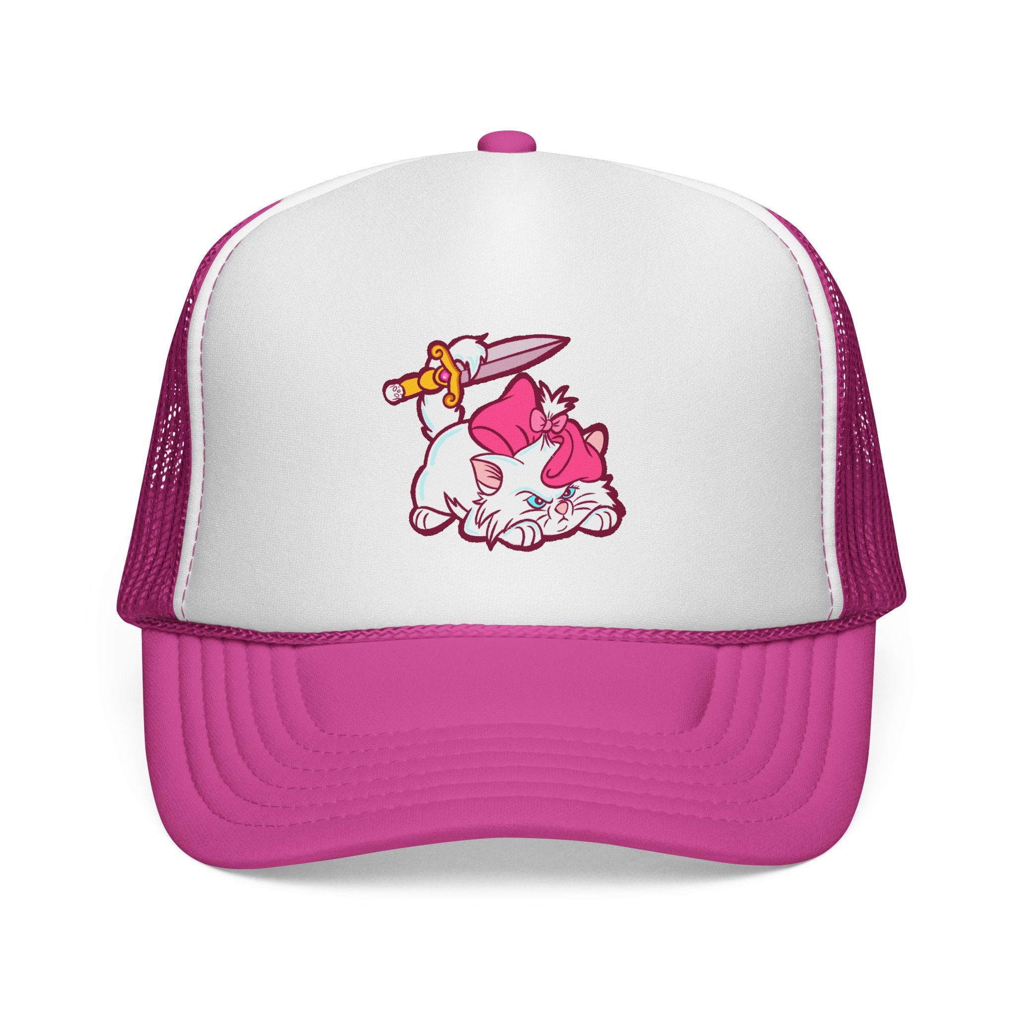 Pink Kitty Trucker Cap — Cute Cat with Bow Embroidered Trucker Hat